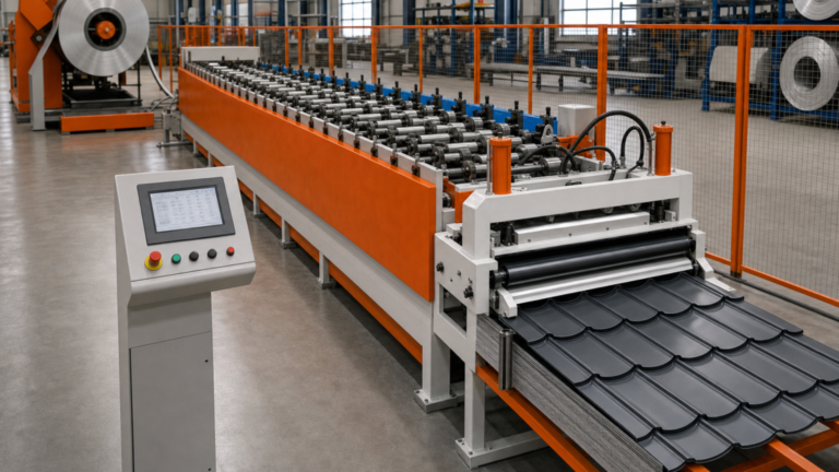 Forming systems performing Fixed coil-fed roofing roll-forming line in a metal fabrication shop