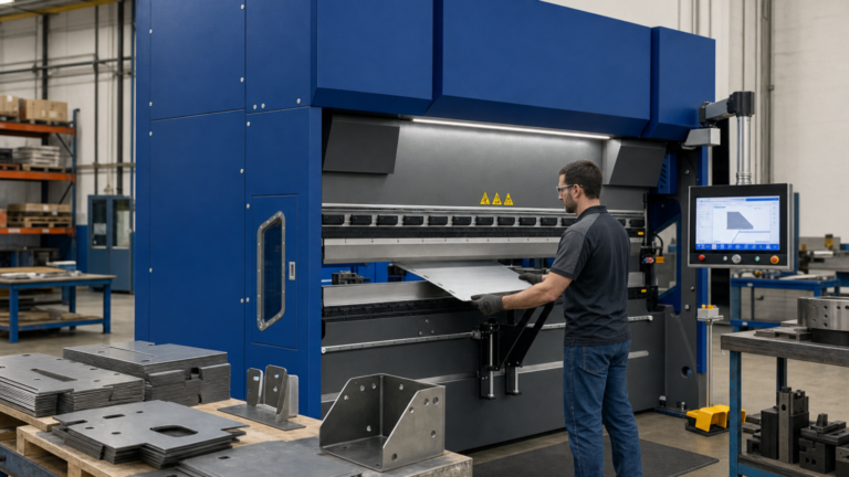 CNC hydraulic press brakes performing Laser-cut sheet metal sorted and formed on a CNC hydraulic press brake in a metal fabrication shop