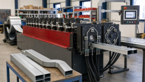 Rectangular downspout and elbow roll former performing Coil-fed 3×4-inch rectangular downspout roll forming with elbow and end-crimp operations in a metal fabrication shop