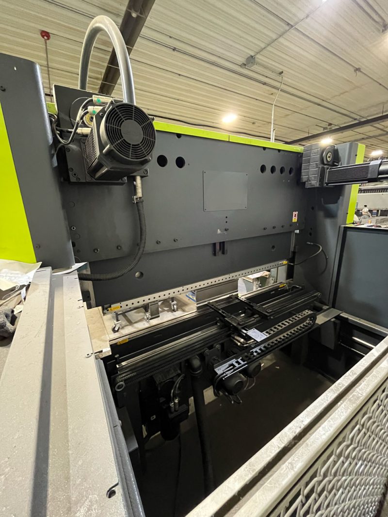 Rear view of a Safan Darley E-BRAKE B press brake showing the backgauge and motor housing.