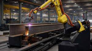 Robotic plasma beam processing performing structural beam processing in a metal fabrication shop