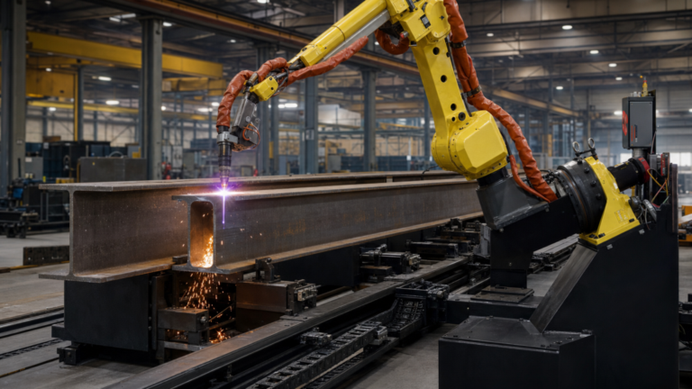 Robotic plasma beam processing performing structural beam processing in a metal fabrication shop