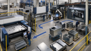 Integrated sheet-metal fabrication workflow modernization performing Sheet-metal fabrication workflow modernization in a metal fabrication shop
