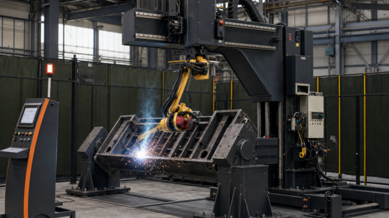 Modular robotic arc-welding systems for large fabricated assemblies performing AGT BLOK-family modular robotic welding of a large steel frame in a metal fabrication shop