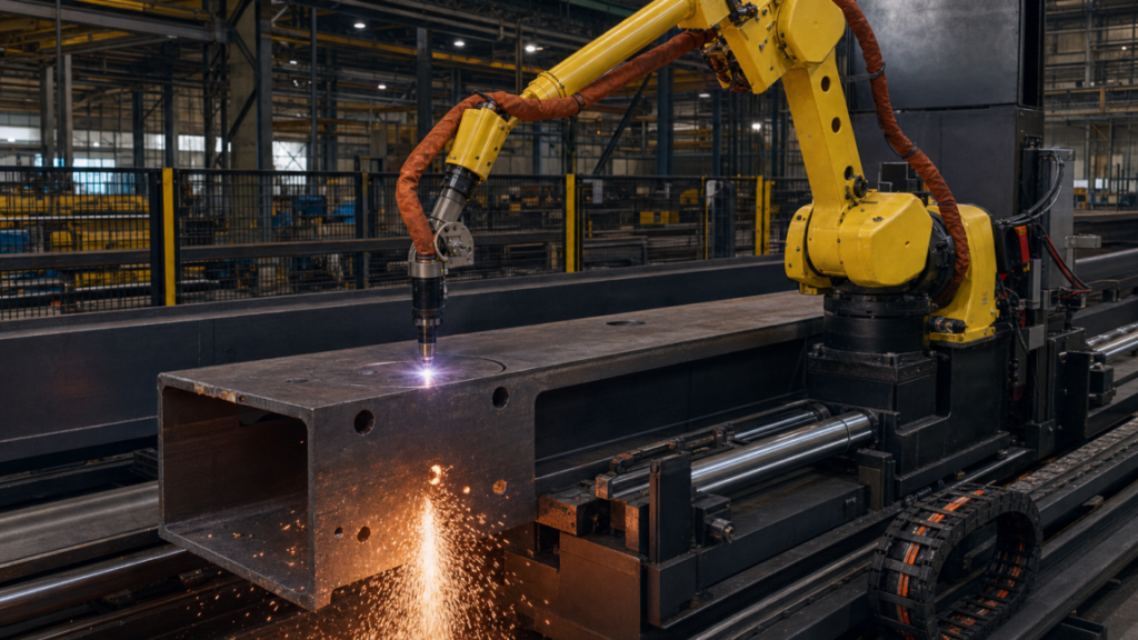 Robotic plasma structural-steel coping and cutting system performing PRODEVCO PCR42 robotic plasma coping and cutting of structural steel profiles in a metal fabrication shop