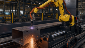 Robotic plasma structural-steel coping and cutting system performing PRODEVCO PCR42 robotic plasma coping and cutting of structural steel profiles in a metal fabrication shop