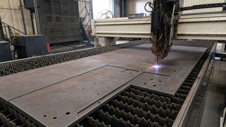 Plate drilling and plasma bevel cutting performing structural plate cutting and drilling in a metal fabrication shop