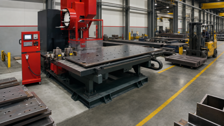 Layout and material handling performing CNC plate drilling with integrated loading and material flow in a metal fabrication shop