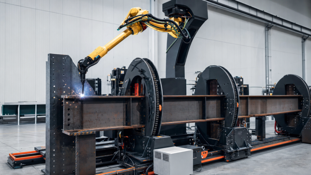 Robotic beam welding system performing AGT BeamMaster robotic structural-beam welding in a metal fabrication shop