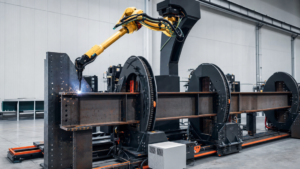 Robotic beam welding system performing AGT BeamMaster robotic structural-beam welding in a metal fabrication shop