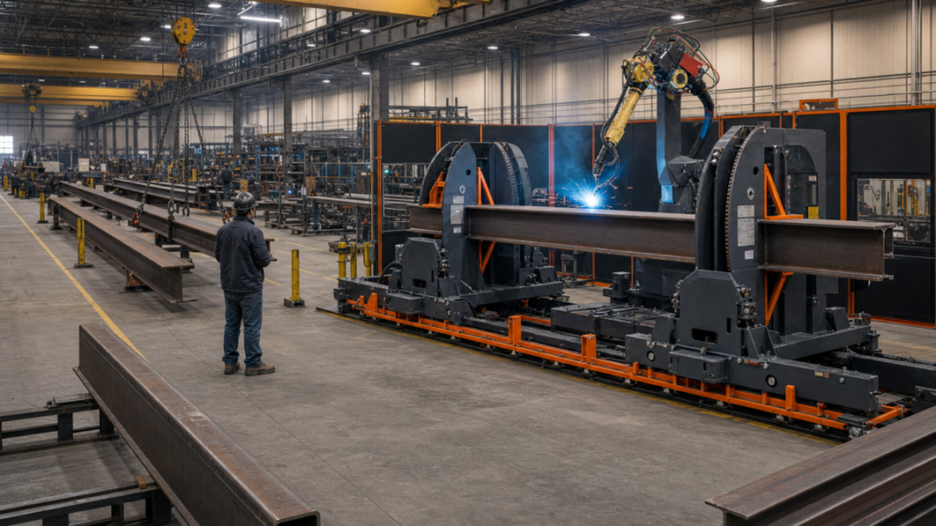 Layout and material handling performing AGT BeamMaster structural-steel robotic welding and material flow in a metal fabrication shop
