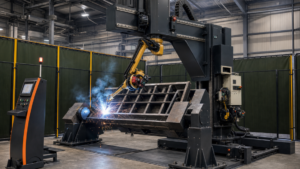 Modular robotic welding system performing AGT BLOK gantry robotic welding for heavy fabrication in a metal fabrication shop