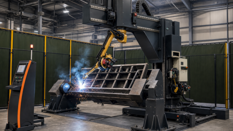 Modular robotic welding system performing AGT BLOK gantry robotic welding for heavy fabrication in a metal fabrication shop