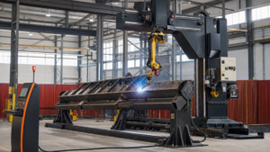 Modular robotic welding system performing Modular robotic arc welding of a medium-to-large fabricated weldment in a metal fabrication shop