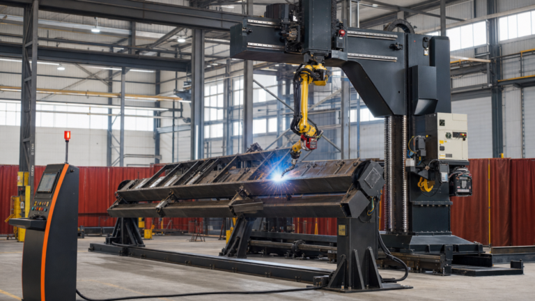 Modular robotic welding system performing Modular robotic arc welding of a medium-to-large fabricated weldment in a metal fabrication shop