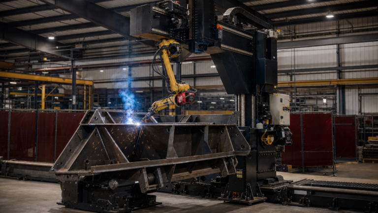 Modular robotic welding system for heavy fabrication performing AGT BLOK modular robotic arc welding for large heavy-fabrication weldments in a metal fabrication shop