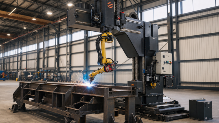 Robotic welding systems for medium-to-large fabrication performing AGT BLOK-style robotic arc welding of a large fabrication assembly in a metal fabrication shop