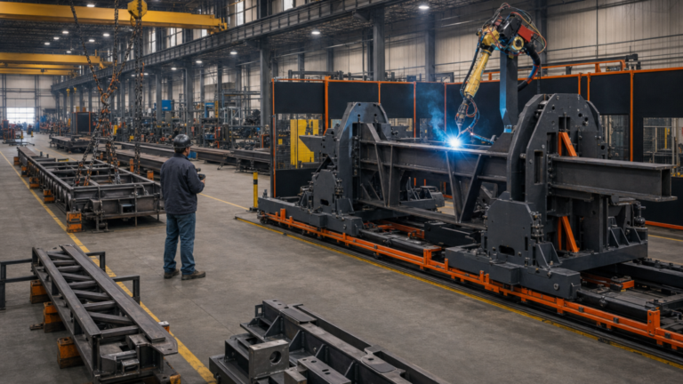 Layout and material handling performing AGT BLOK robotic welding of large steel assemblies with planned staging and material handling in a metal fabrication shop