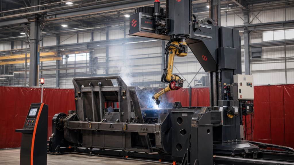 Modular robotic welding system performing AGT BLOK-style modular robotic arc welding for large weldments in a metal fabrication shop