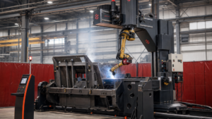Modular robotic welding system performing AGT BLOK-style modular robotic arc welding for large weldments in a metal fabrication shop