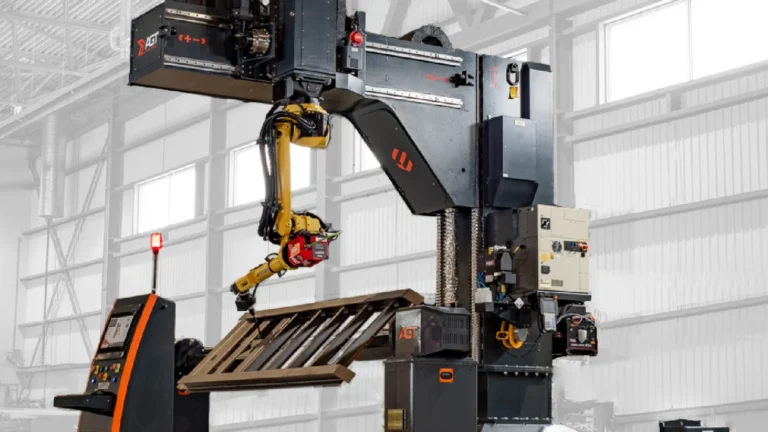 Modular heavy-fabrication robotic arc-welding systems performing AGT BLOK-style robotic welding of a fabricated steel frame in a metal fabrication shop