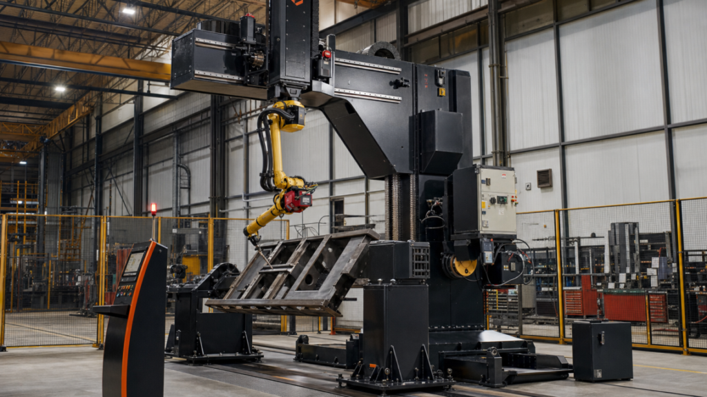 Modular industrial robotic welding systems performing Service-access layout for AGT BLOK Robotic Welding Systems in a metal fabrication shop