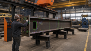 Layout and material handling performing Overhead 3D laser projection for structural-steel fitting and layout in a metal fabrication shop