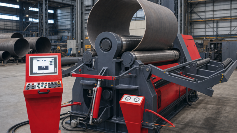 Akyapak four-roll hydraulic plate rolls; AHS is the closest official family reference. performing plate rolling in a metal fabrication shop