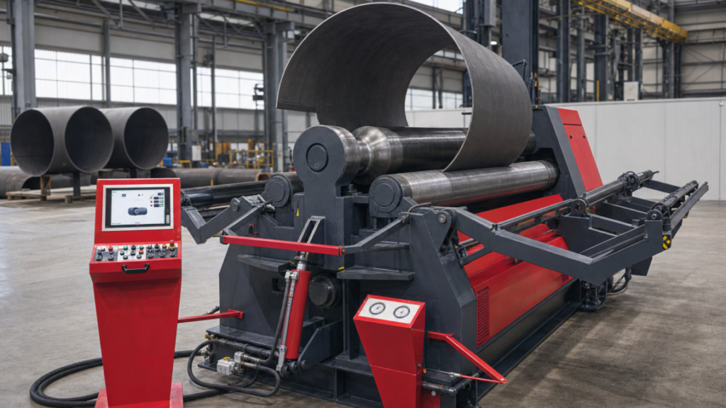 Akyapak four-roll plate rolls; the official AHS page is a manufacturer family reference, not a confirmed model for the generic catalog selection. performing plate rolling in a metal fabrication shop