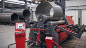 Akyapak AHV three-roll variable-geometry plate rolls performing plate rolling in a metal fabrication shop