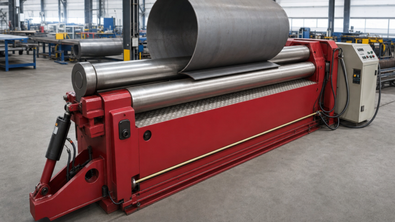 3-roll variable geometry plate roll performing plate rolling in a metal fabrication shop