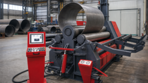 Three-roll initial-pinch plate rolls performing plate rolling in a metal fabrication shop