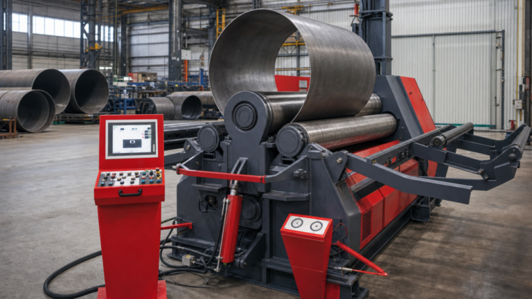 Three-roll initial-pinch plate rolls performing plate rolling in a metal fabrication shop