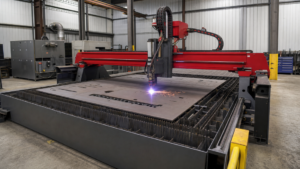 Akyapak Plasma cutting machine showing A plasma torch is actively cutting through the plate, with a bright plasma arc and sparks visible directly beneath the torch along the cut pa