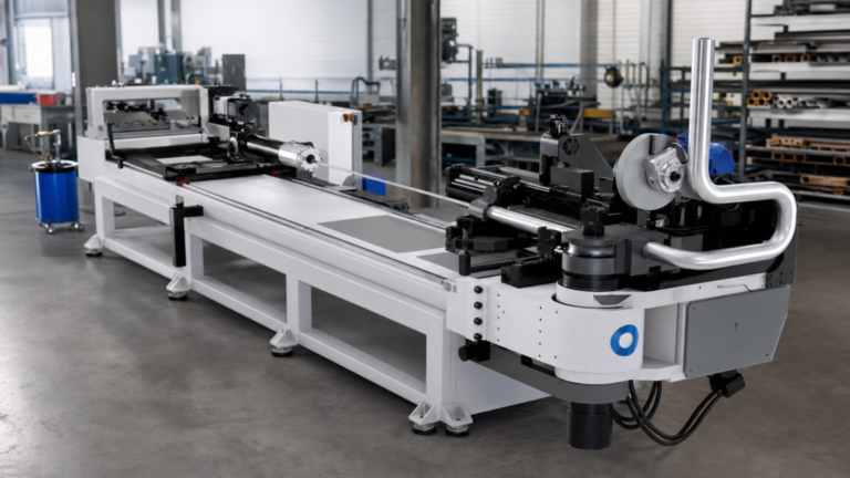 Hydraulic tube bending machines performing tube bending in a metal fabrication shop