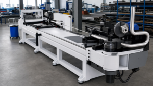 Fully electric CNC tube bending machines performing tube bending in a metal fabrication shop