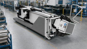 CNC tube bending machine performing tube bending in a metal fabrication shop