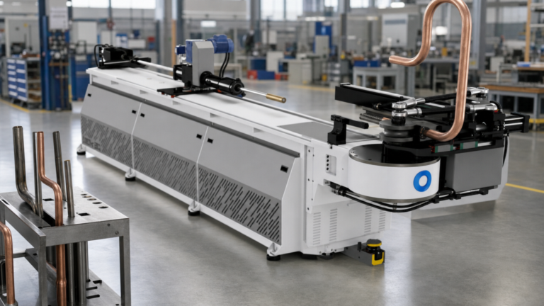 AMOB MDH electromechanical NC tube-bending machines performing tube bending in a metal fabrication shop