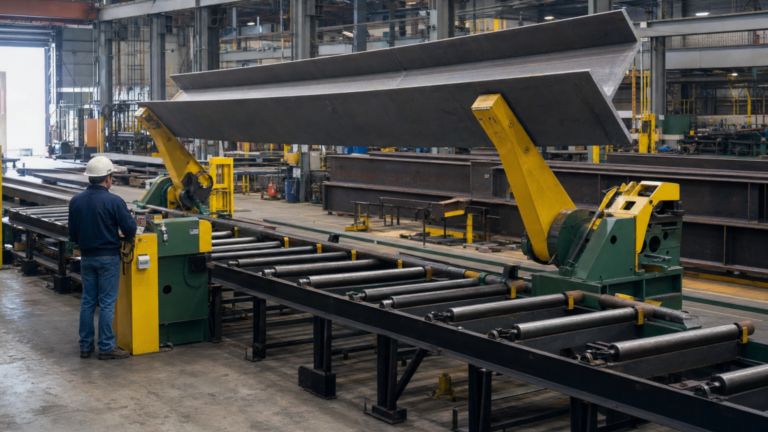 Structural steel material handling: roller conveyors, cross transfers and beam rotator performing Structural beam material handling and rotation in a metal fabrication shop