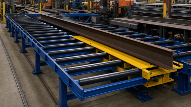Heavy-duty material handling: roller conveyors and hydraulic cross transfers performing Structural-steel material handling with roller conveyors and hydraulic cross transfers in a metal fabrication shop
