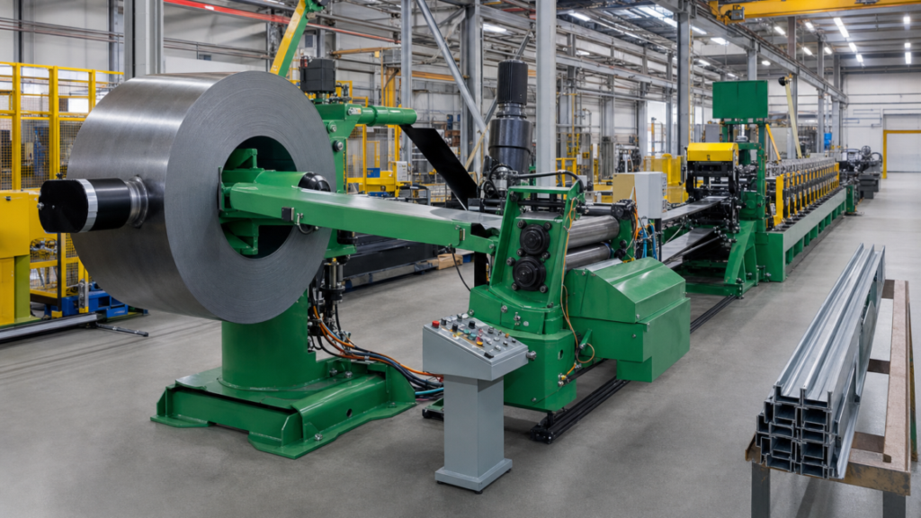 Servo-controlled coil uncoiler integrated with a high-speed purlin roll-forming line performing Servo-controlled coil payoff feeding a high-speed purlin roll-forming line in a metal fabrication shop