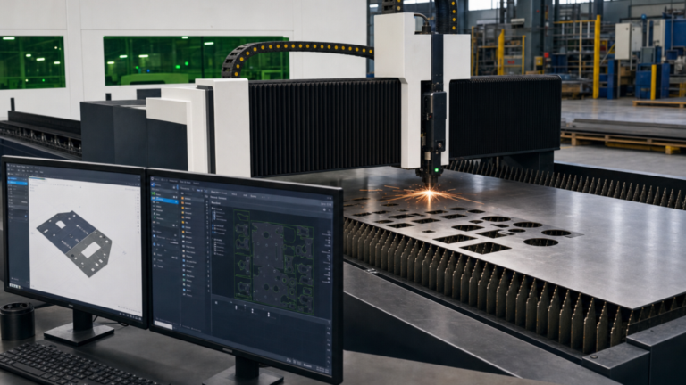 Flat-sheet CNC fiber laser cutting machines performing fiber laser cutting in a metal fabrication shop