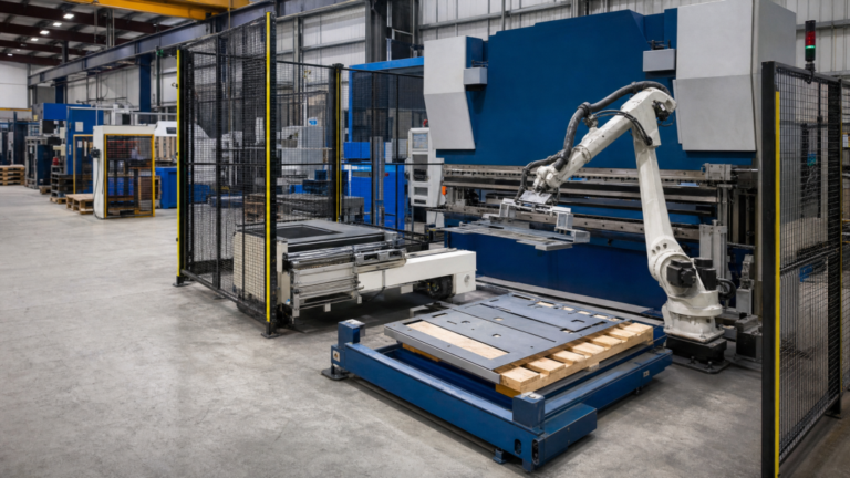 Automation representing automated material handling with representative metal workpiece appropriate to the process in a fabrication shop