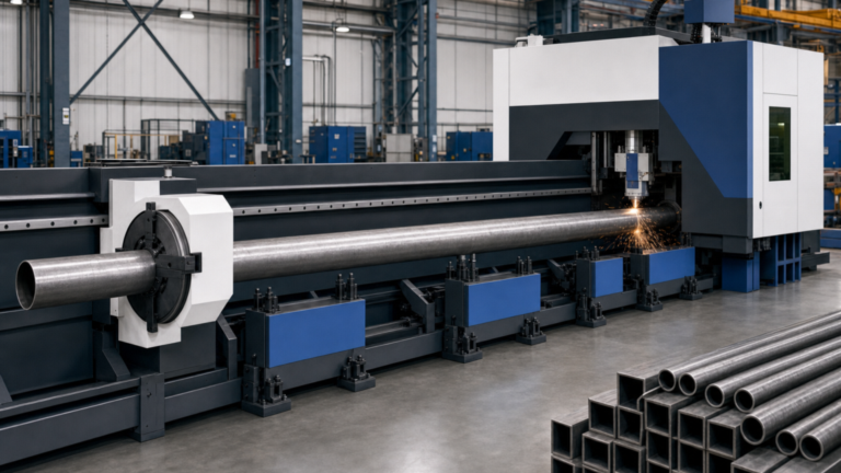 Dedicated CNC fiber tube-laser cutting machine performing CNC tube laser cutting in a metal fabrication shop