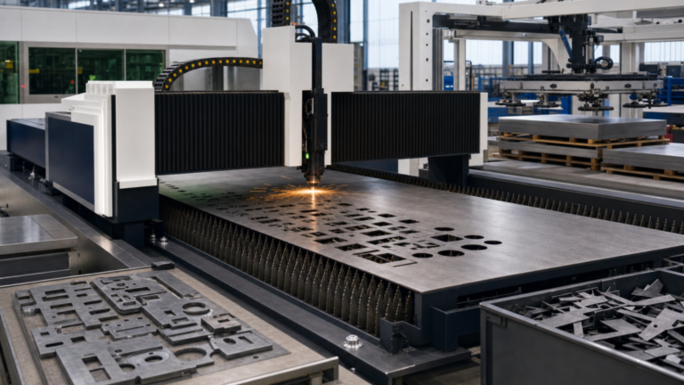 Robotic sheet-laser loading, unloading and part-sorting automation performing fiber laser cutting in a metal fabrication shop