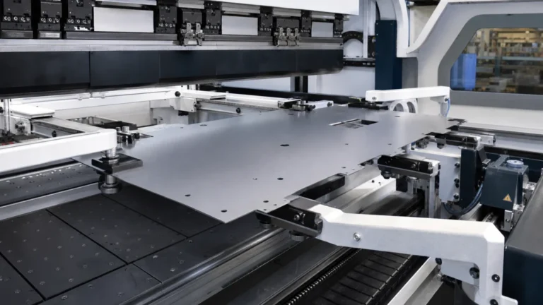 automatic panel bender or panel-bending center performing automatic panel bending in a metal fabrication shop