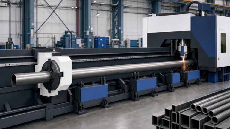 Fiber tube laser performing CNC tube laser cutting in a metal fabrication shop