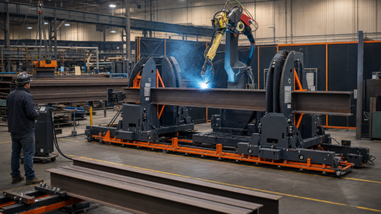 Layout and material handling performing Dual-zone robotic welding with structural-beam rotators in a metal fabrication shop
