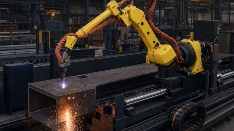 Robotic plasma structural beam and profile cutter performing plasma cutting in a metal fabrication shop