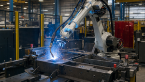 Industrial robotic welding cells and automation integration performing Industrial robotic arc welding cell for fabricated metal assemblies in a metal fabrication shop